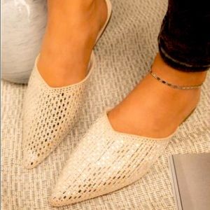 Nude Gold Metallic Rhinestone Crystal Embellished Woven Flat Mule Sandals